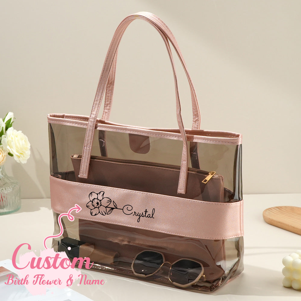 Personalized Birth Flower Clear Tote Bag with Name Birthday Bridesmaid Gift for Her