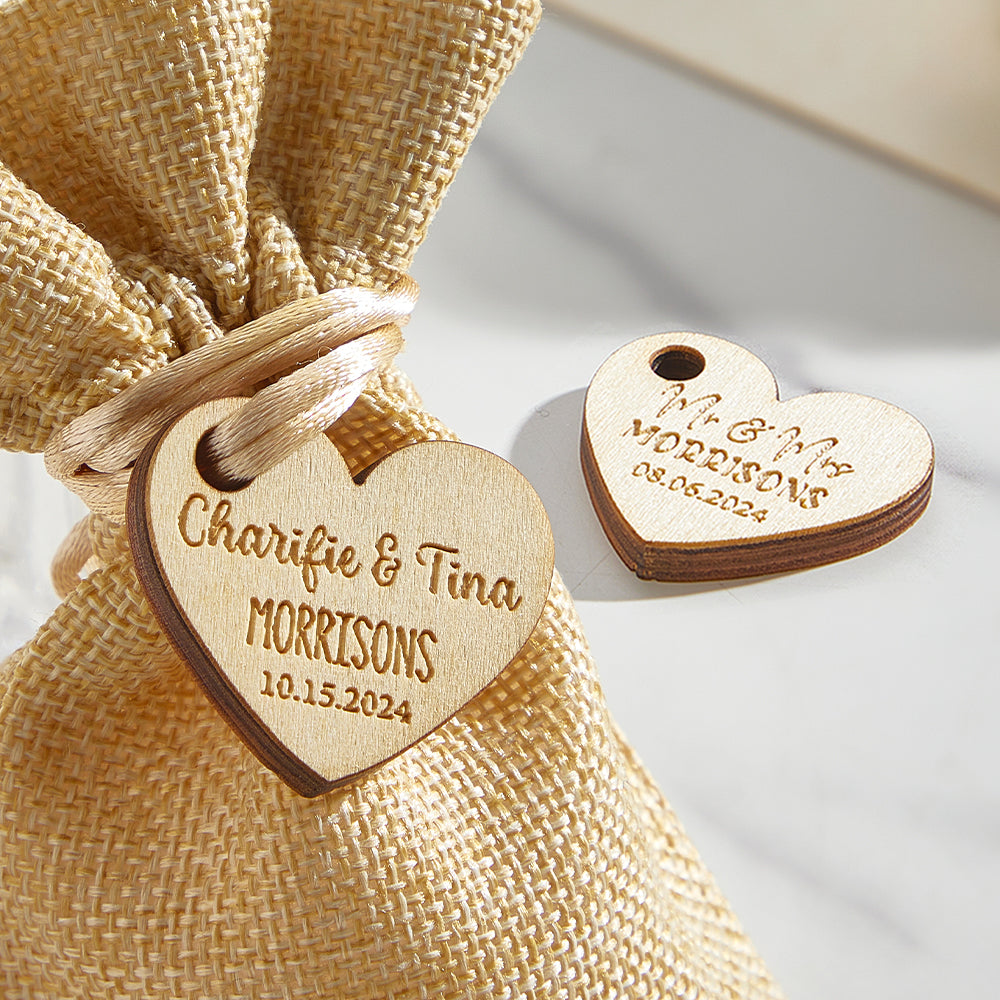 Personalized Wooden Heart Tags with Engraved Text Wedding Party Favor Gift for Guests