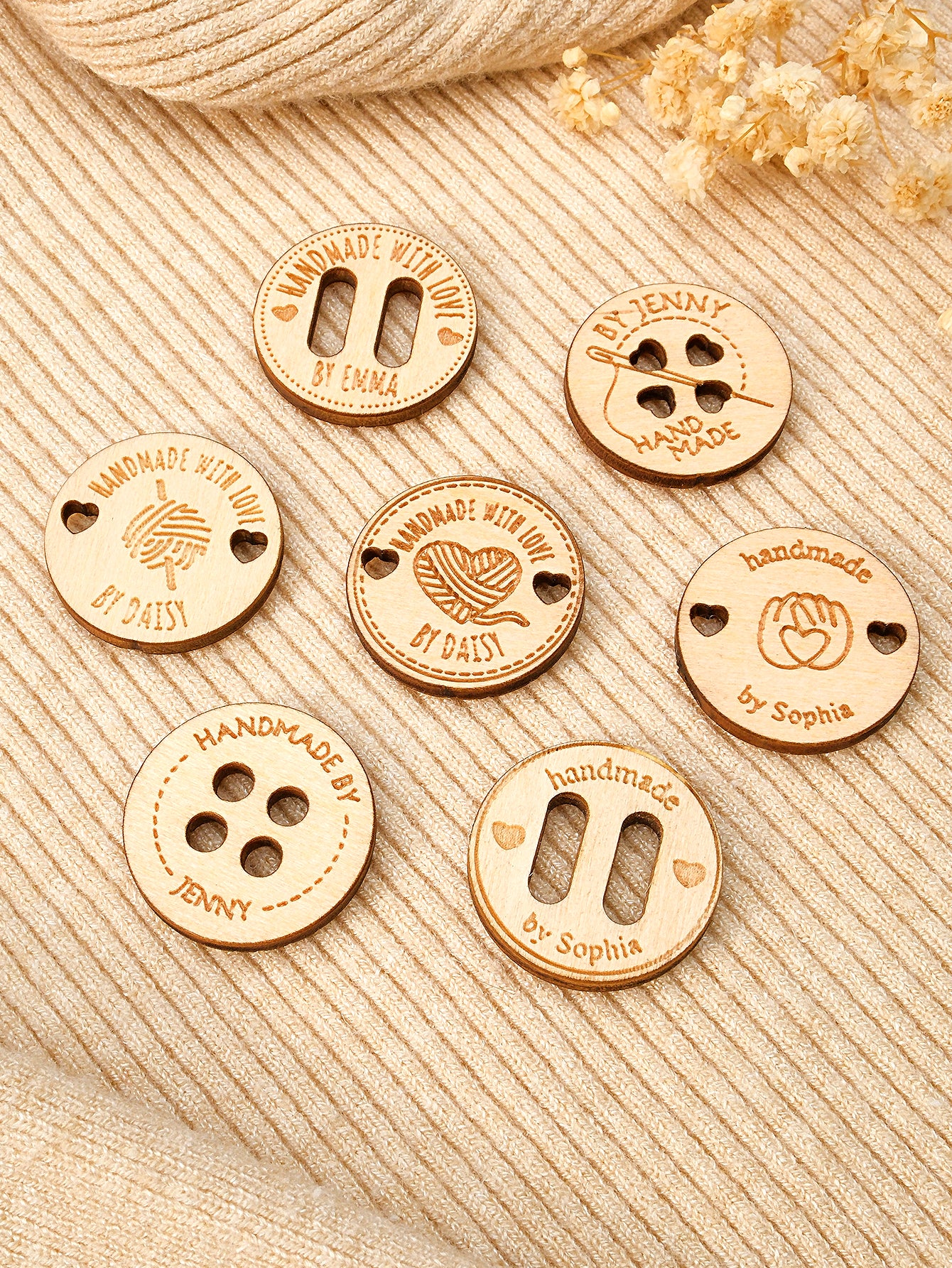 Personalized Handmade with Love Wooden Buttons Set of 15 Clothing Labels Gift for Mother Grandma Knitting