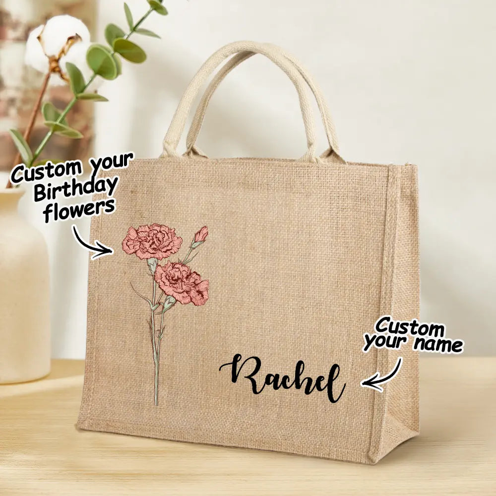 Personalized Birth Flower Grandma's Garden Beach Jute Tote Bag with Name Birthday Wedding Party Gifts