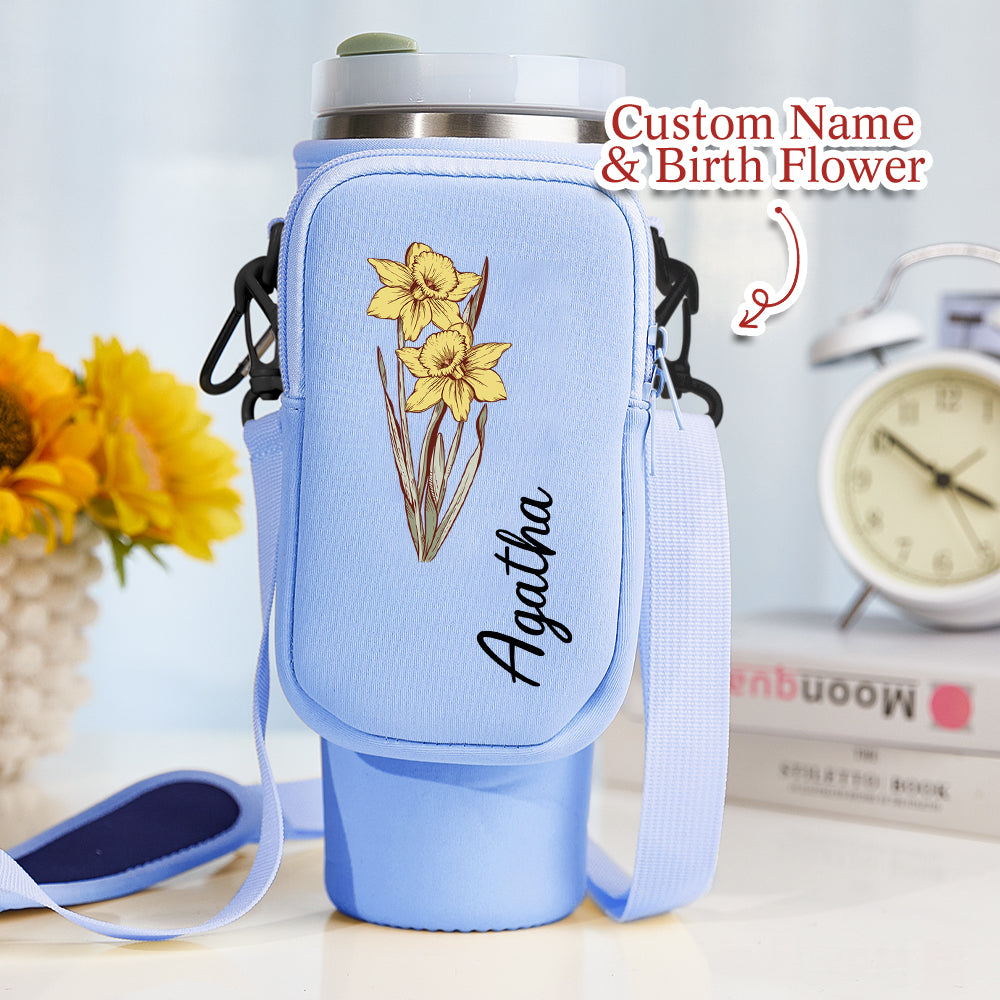 Personalized Birth Flower Waterproof Bottle Carrier Bag with Removable Pouch for 40oz Stanley Tumbler