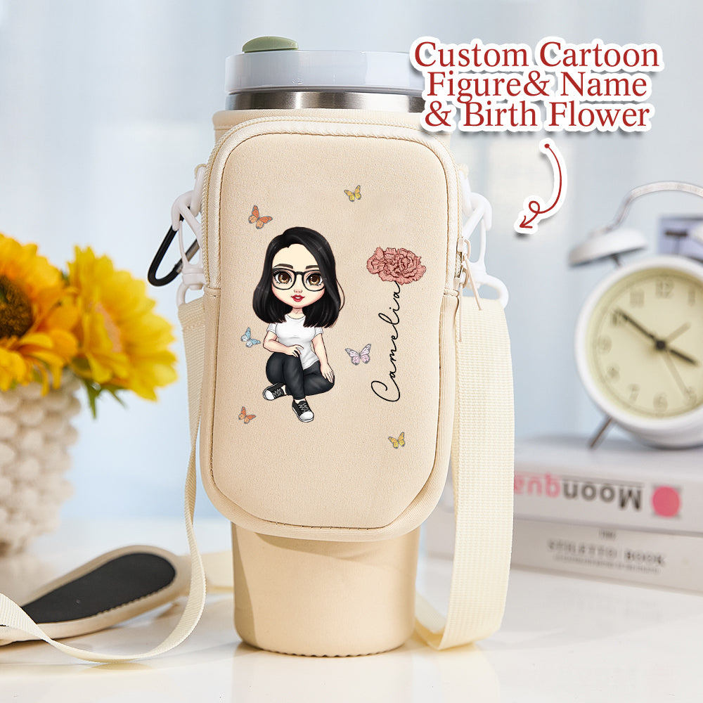 Personalized Cartoon Birth Flower Waterproof Bottle Carrier Bag for 40oz Stanley Tumbler Gift for Her
