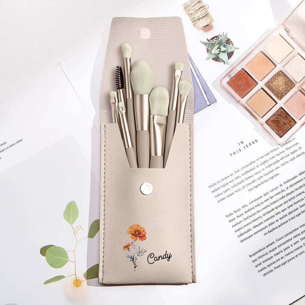 Custom Engraved Birth Flower Makeup Brush Set Wedding Gift