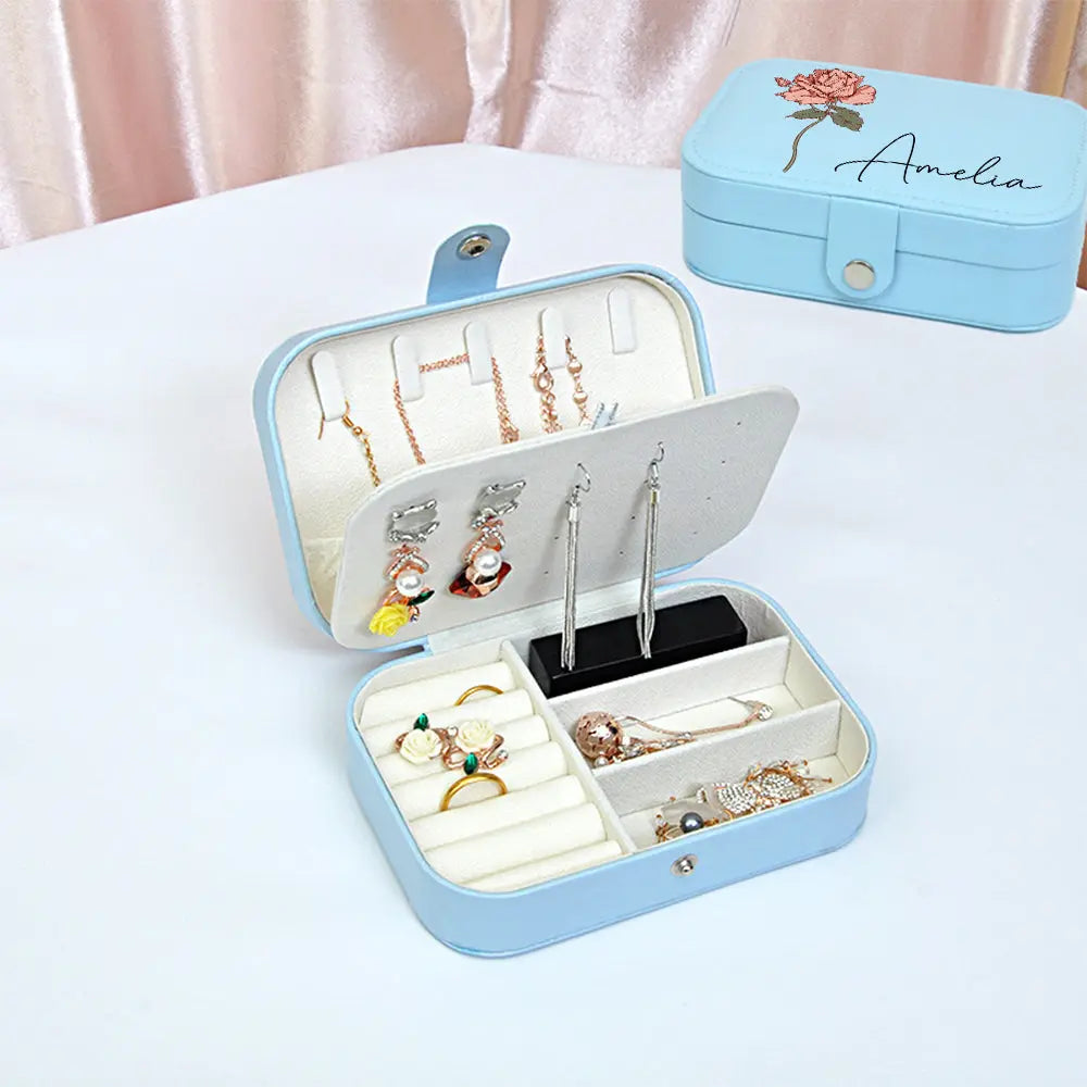 Personalized Birth Flower Leather Travel Jewelry Box with Name Waterproof Multiple Compartments Birthday