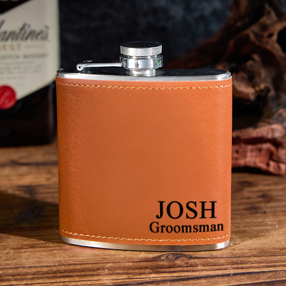 Personalized Leather Flask with Name Stainless Steel 6oz Whiskey Flask Gift for Groomsmen