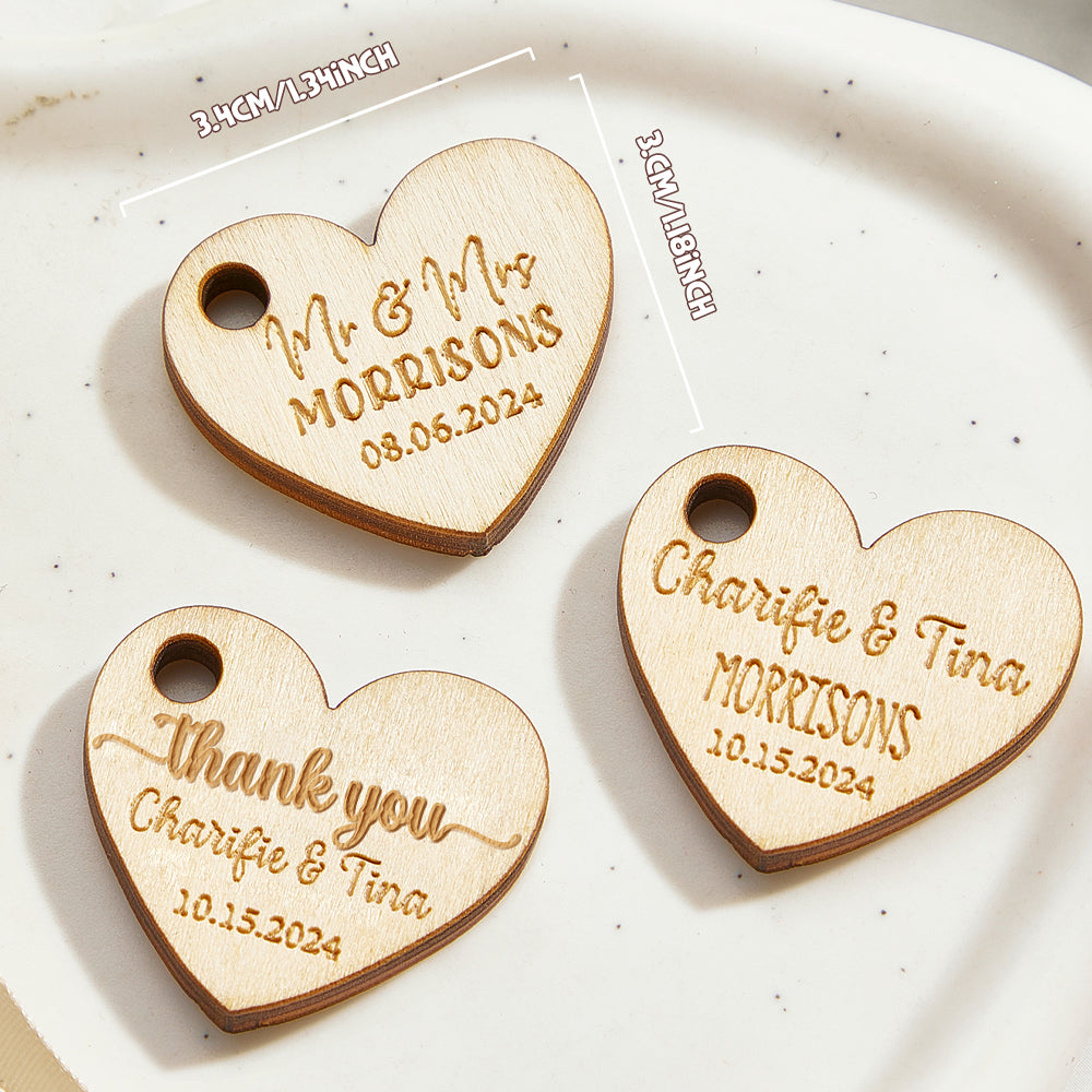 Personalized Wooden Heart Tags with Engraved Text Wedding Party Favor Gift for Guests