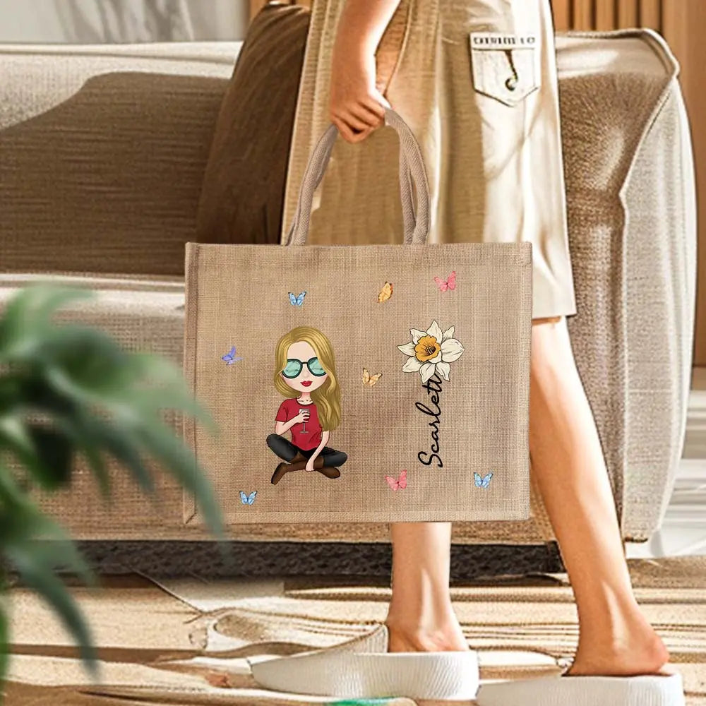 Personalized Cartoon Women Girl Birth Flower Grandma's Garden Jute Tote Bag with Name Wedding Birthday