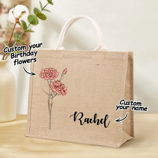 Personalized Birth Flower Grandma's Garden Beach Jute Tote Bag with Name Birthday Wedding Party Gifts