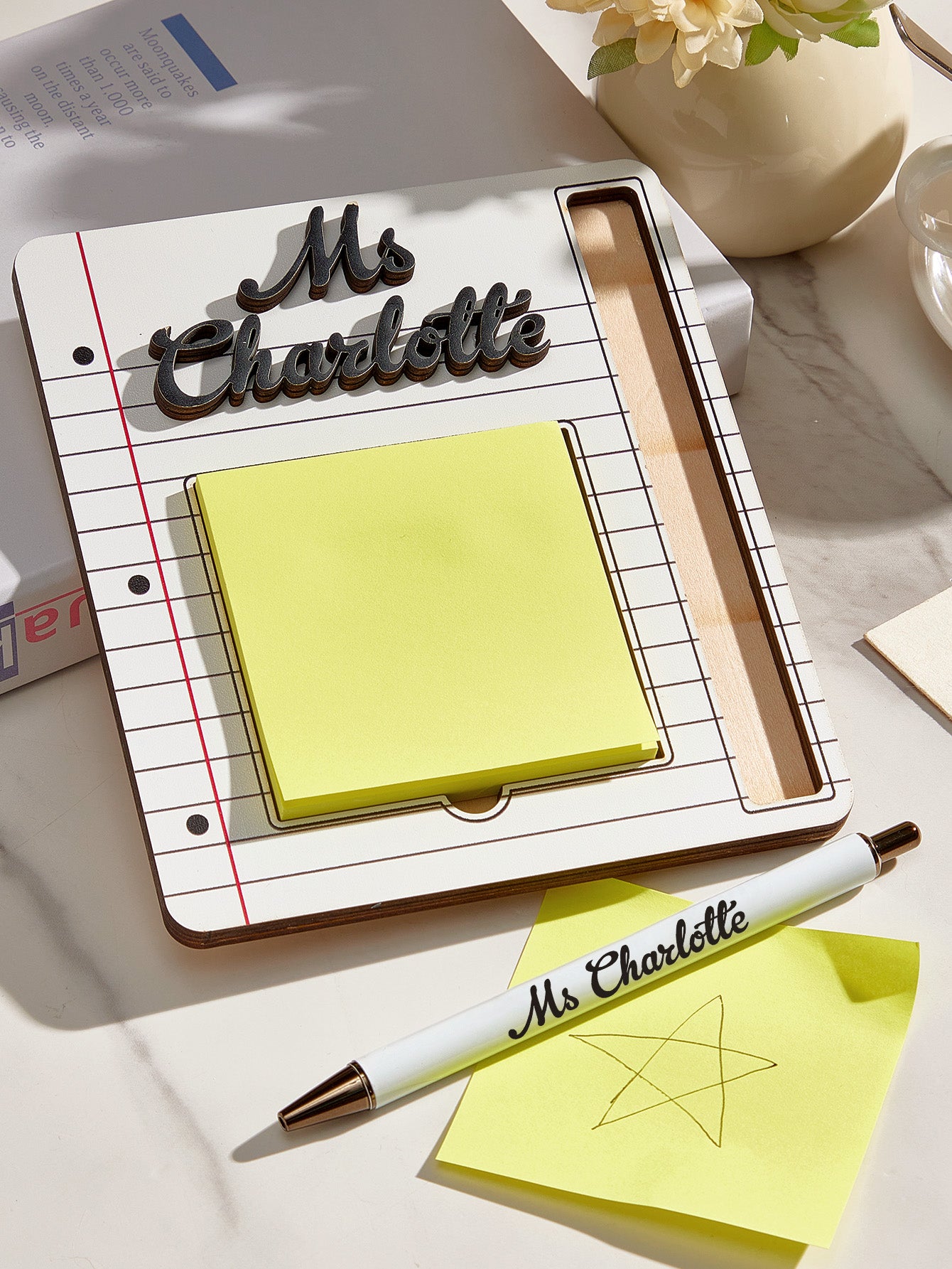 Personalized Name Sticky Note Wooden Holder with Pen Appreciation Gift for Teacher