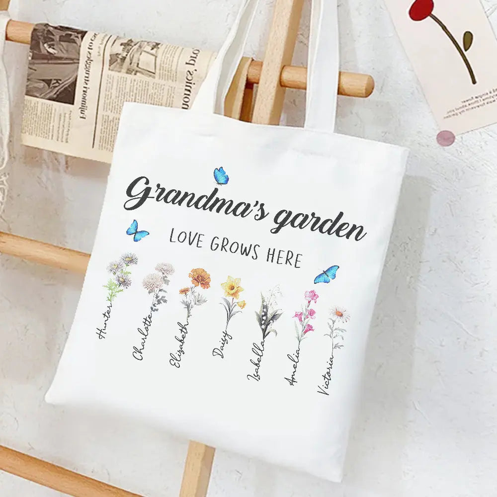 Personalized Birth Month Flowers Grandma's Garden Tote Bag Mom's Garden Tote Bag With Kids Names Gift