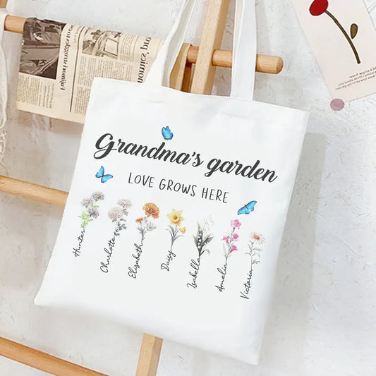 Personalized Birth Month Flowers Grandma's Garden Tote Bag Mom's Garden Tote Bag With Kids Names Gift
