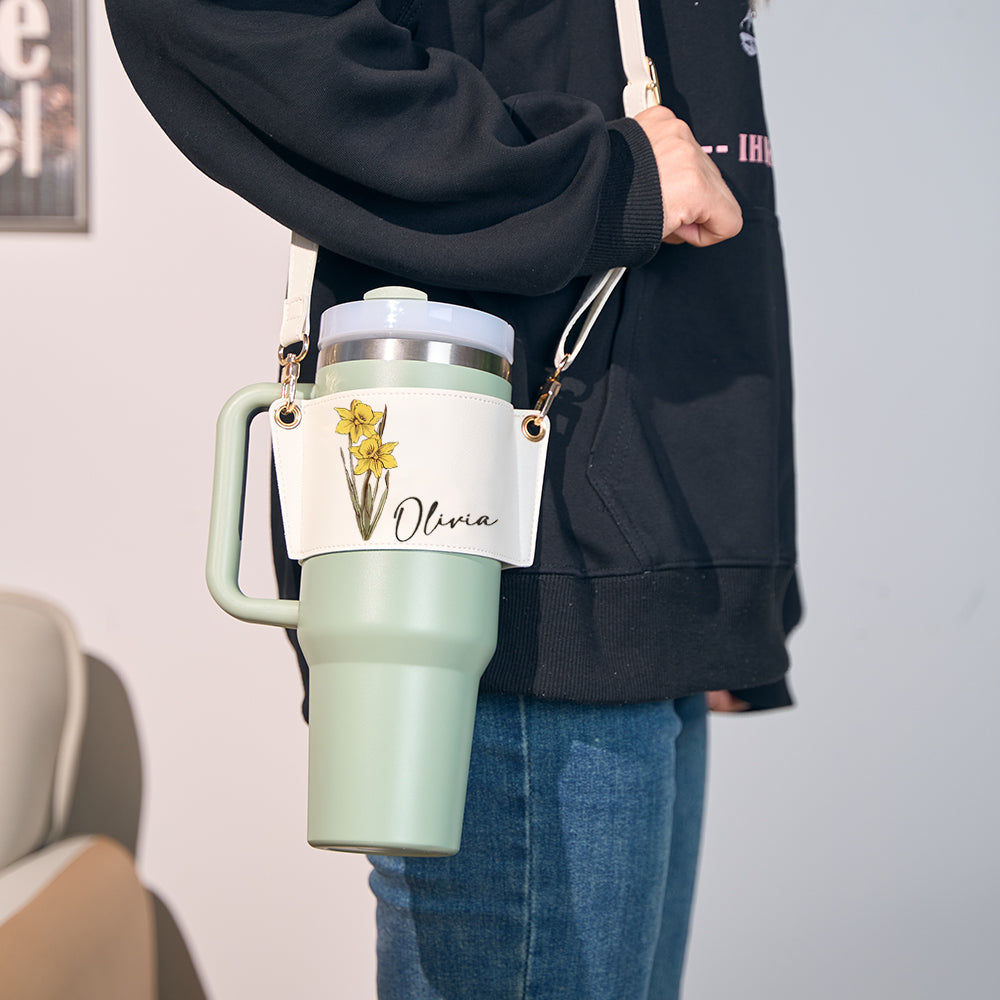 Personalized Birth Flower Water Bottle Carrier Bag for 40oz Stanley Tumbler with Adjustable Strap Gift for Her