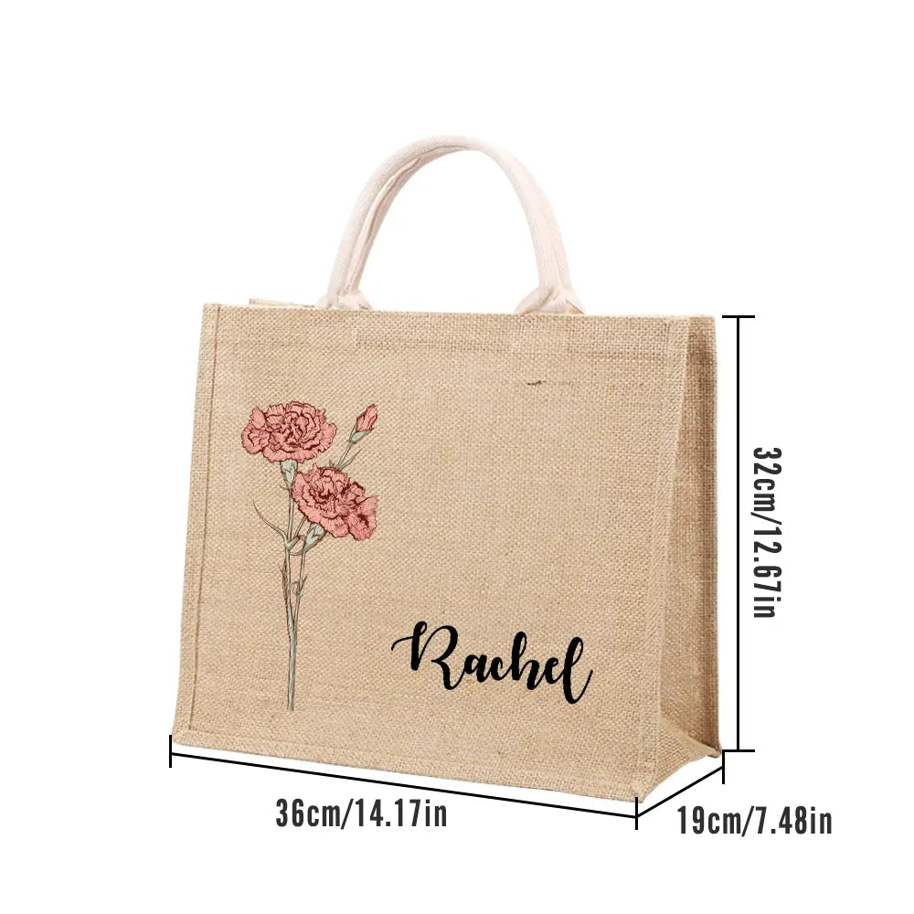 Personalized Birth Flower Grandma's Garden Beach Jute Tote Bag with Name Birthday Wedding Party Gifts