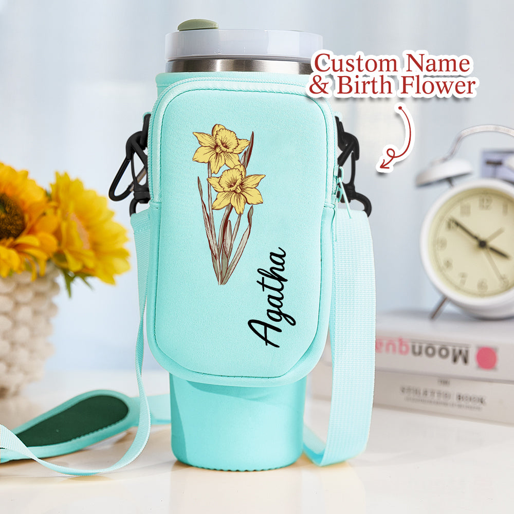 Personalized Birth Flower Waterproof Bottle Carrier Bag with Removable Pouch for 40oz Stanley Tumbler