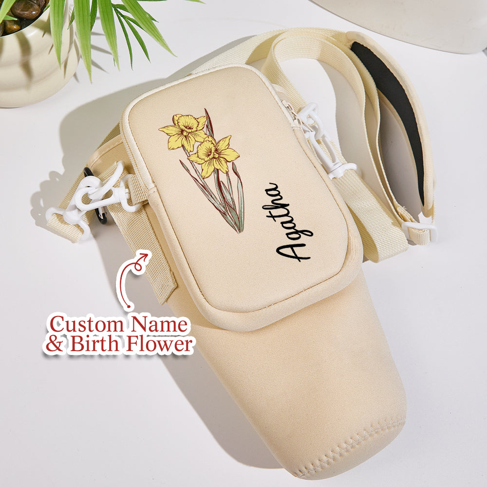 Personalized Birth Flower Waterproof Bottle Carrier Bag with Removable Pouch for 40oz Stanley Tumbler
