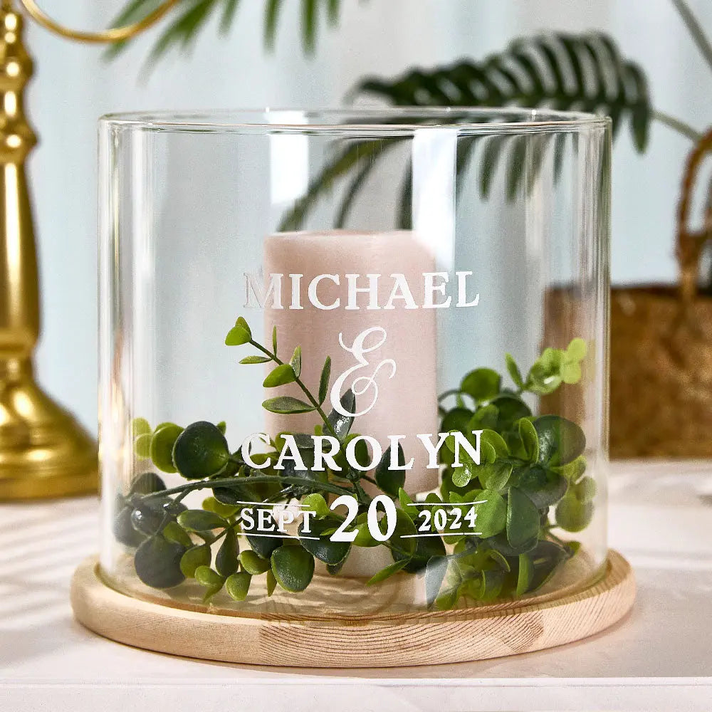 Personalized Wedding Hurricane with Wood Base Candle Holder Wedding Decor Gifts