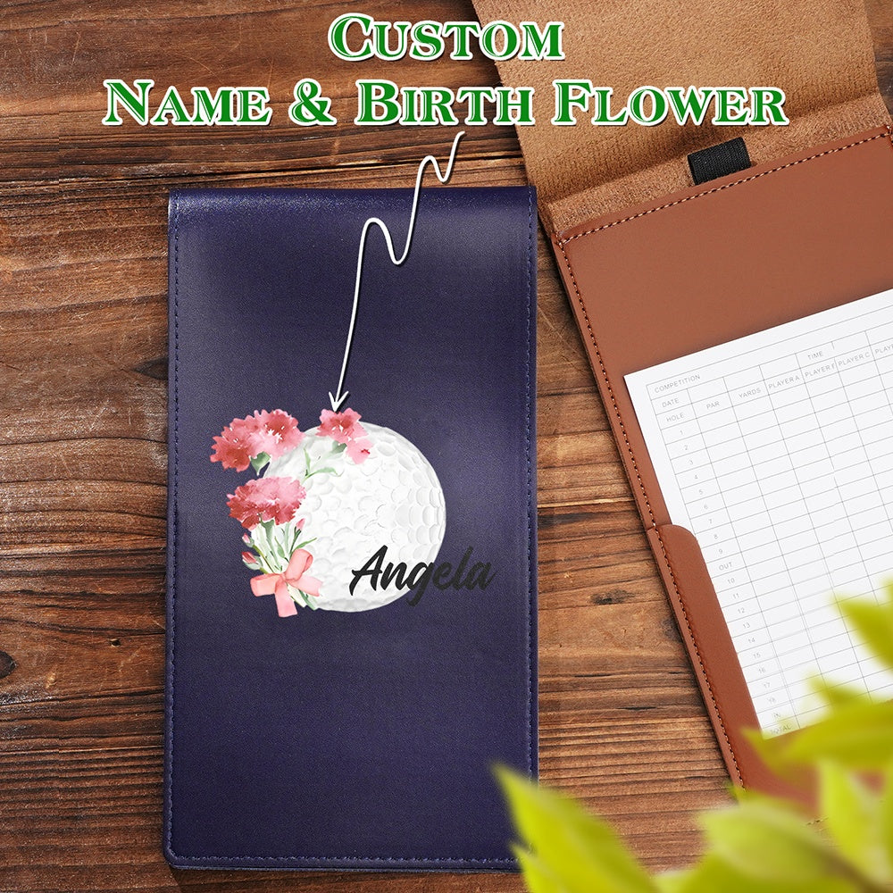 Personalized Birth Flower PU Leather Golf Scorecard Holder Birthday Gift for Golf Lover