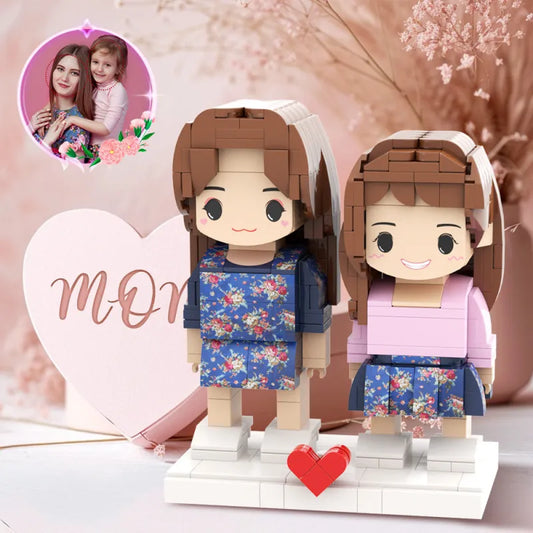 Mother's Day Daughter Mother Pretty Matching Blue Dress Customizable Head 2 People Custom Brick Figures