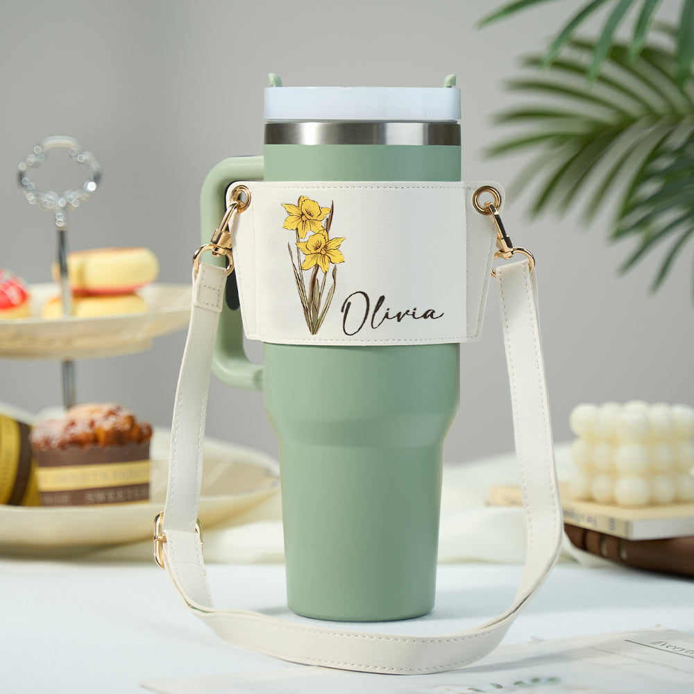 Personalized Birth Flower Water Bottle Carrier Bag for 40oz Stanley Tumbler with Adjustable Strap Gift