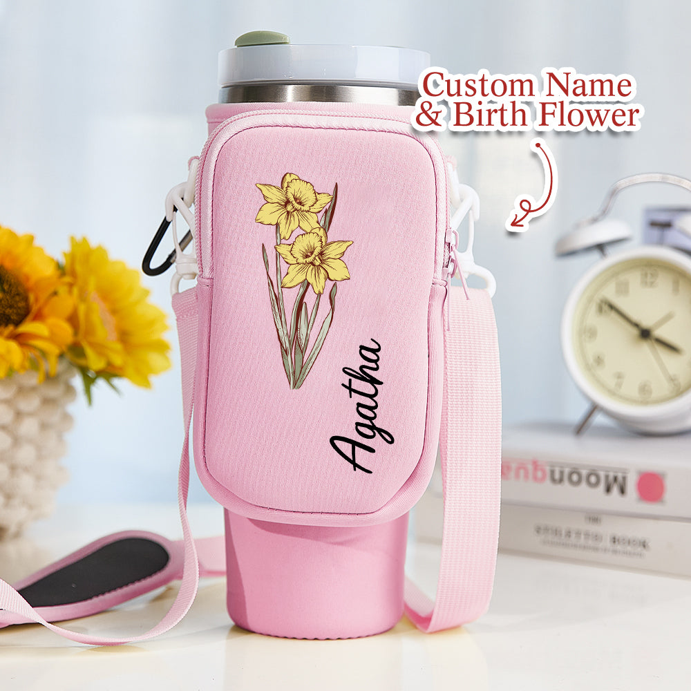 Personalized Birth Flower Waterproof Bottle Carrier Bag with Removable Pouch for 40oz Stanley Tumbler