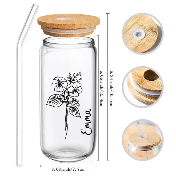 Personalized Name Glass Can with Birth Flower Custom Can Glass with Straw Gift for Mother Friends Family