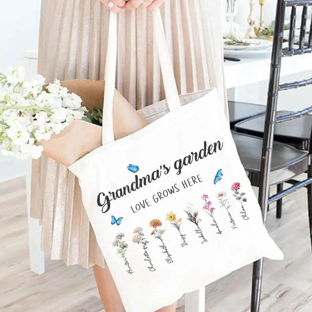 Personalized Birth Month Flowers Grandma's Garden Tote Bag Mom's Garden Tote Bag With Kids Names Gift