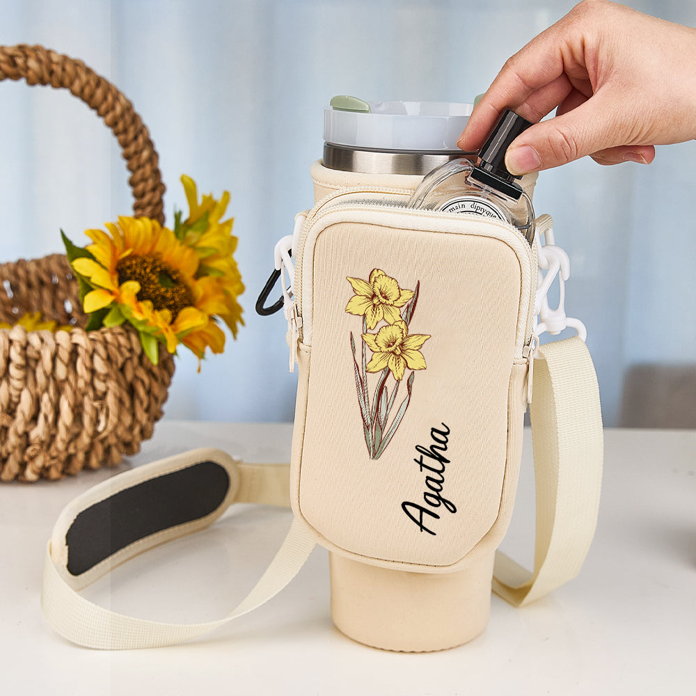 Personalized Birth Flower Waterproof Bottle Carrier Bag with Removable Pouch for 40oz Stanley Tumbler