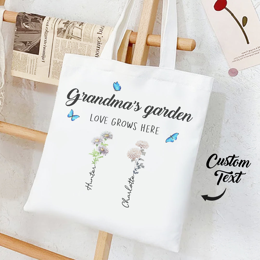 Personalized Birth Month Flowers Grandma's Garden Tote Bag Mom's Garden Tote Bag With Kids Names Gift