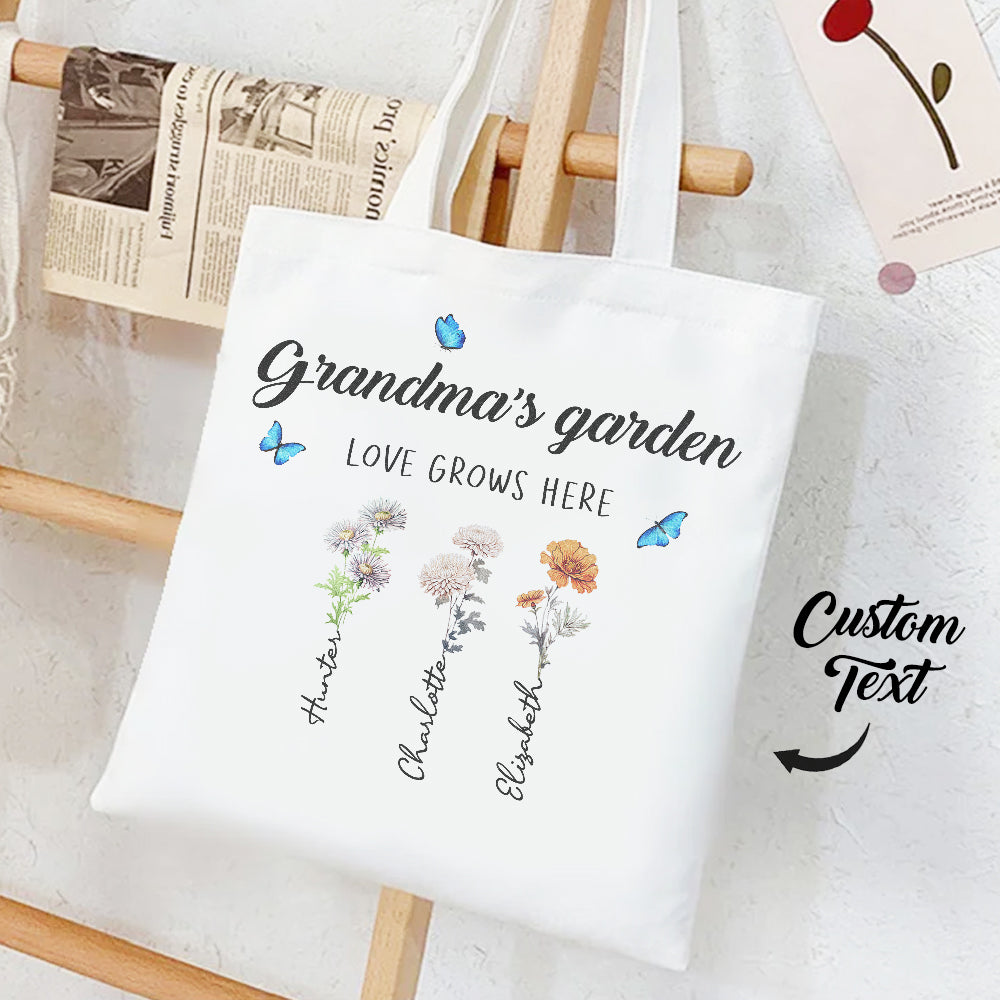 Personalized Birth Month Flowers Grandma's Garden Tote Bag Mom's Garden Tote Bag With Kids Names Gift