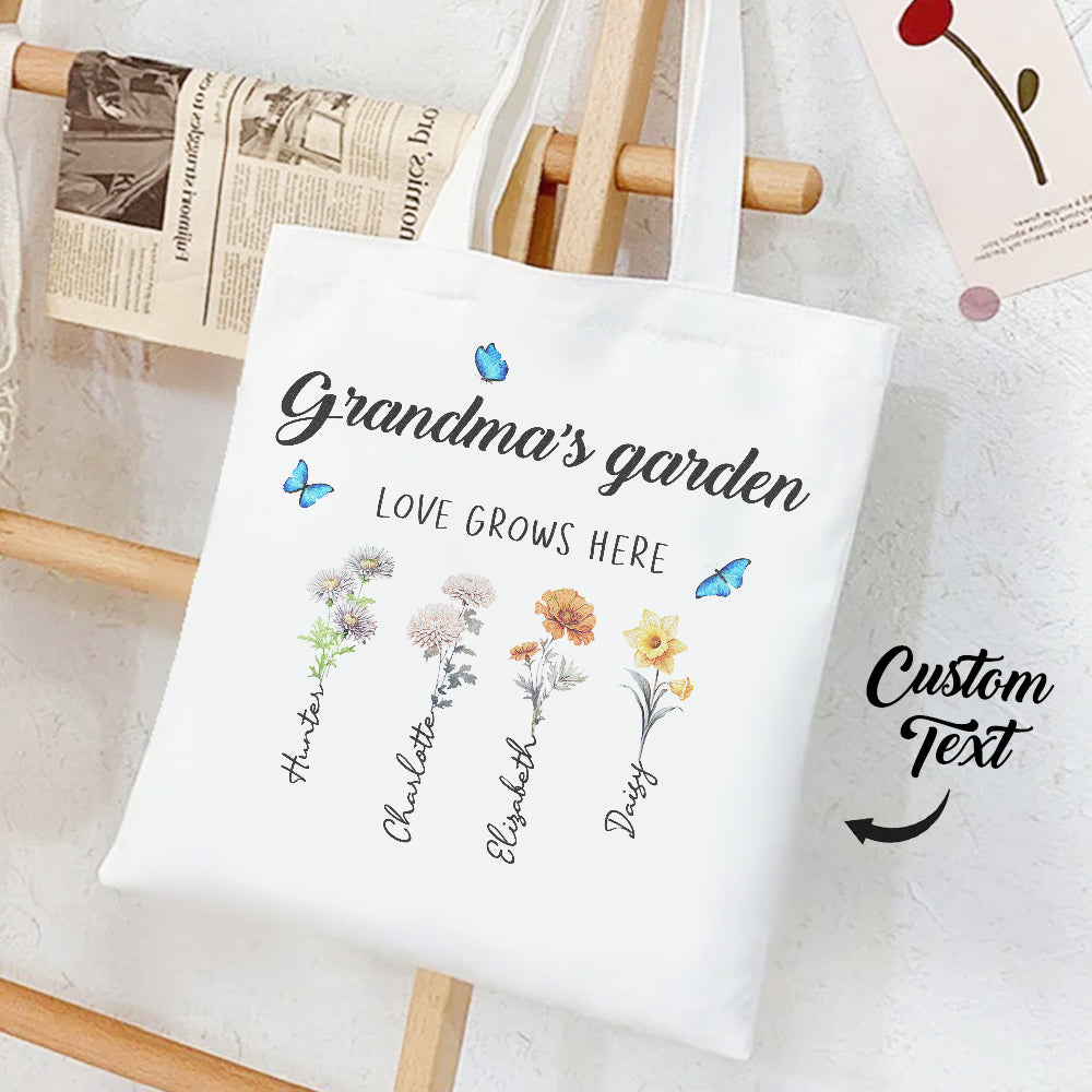 Personalized Birth Month Flowers Grandma's Garden Tote Bag Mom's Garden Tote Bag With Kids Names Gift