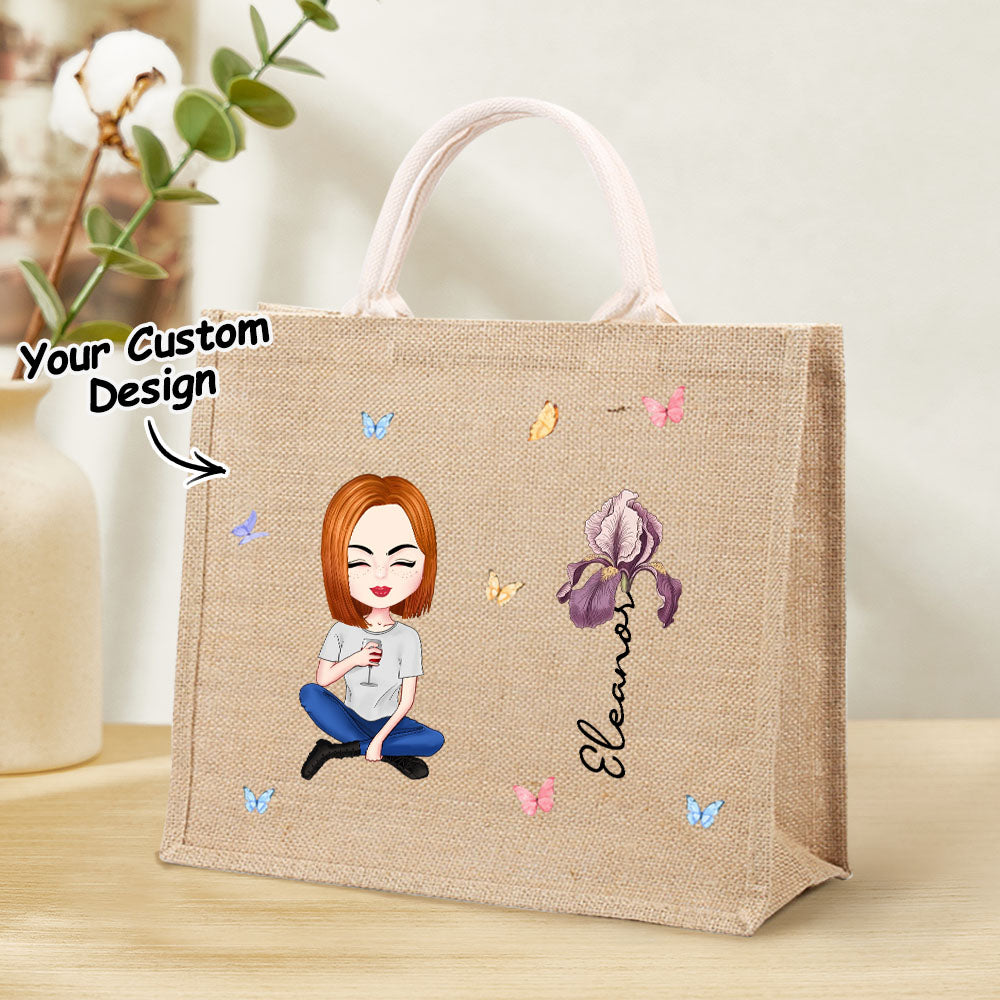 Personalized Cartoon Women Girl Birth Flower Grandma's Garden Jute Tote Bag with Name Wedding Birthday