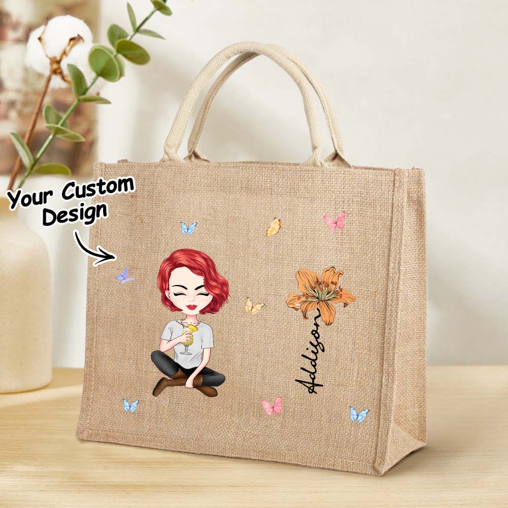 Personalized Cartoon Women Girl Birth Flower Grandma's Garden Jute Tote Bag with Name Wedding Birthday