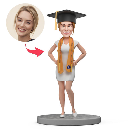 Custom Graduation Bobbleheads - Female Graduate Wearing an Orange(the color can be changed) Graduation
