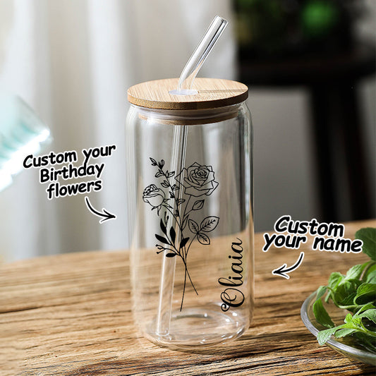 Personalized Name Glass Can with Birth Flower Custom Can Glass with Straw Gift for Mother Friends Family
