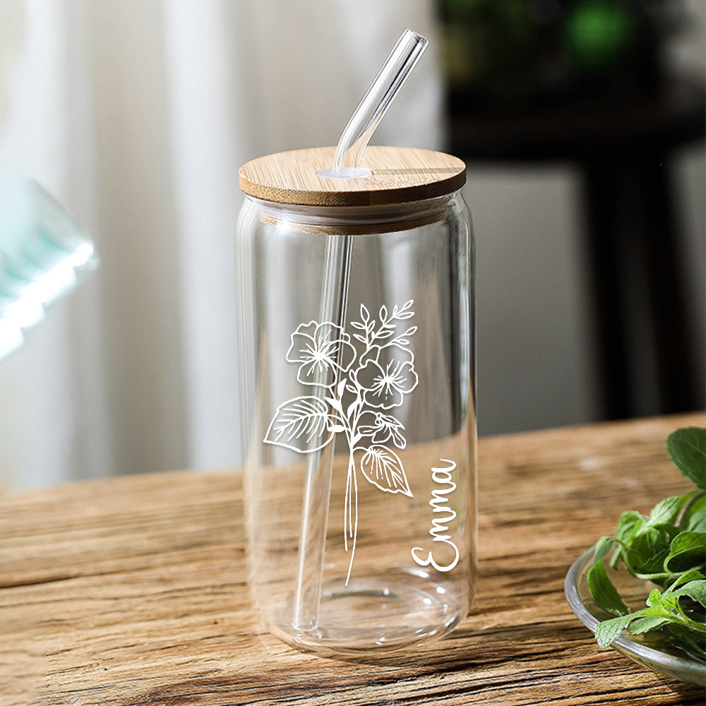 Personalized Name Glass Can with Birth Flower Custom Can Glass with Straw Gift for Mother Friends Family