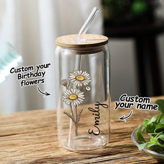 Personalized Name Can Glass with Colorful Birth Flower Custom Can Glass with Straw Gift for Mother Friends