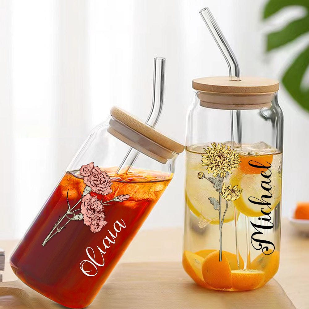 Personalized Name Can Glass with Colorful Birth Flower Custom Can Glass with Straw Gift for Mother Friends