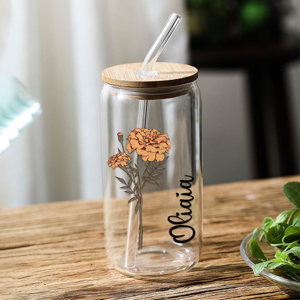 Personalized Name Can Glass with Colorful Birth Flower Custom Can Glass with Straw Gift for Mother Friends