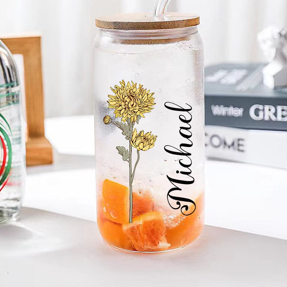 Personalized Name Can Glass with Colorful Birth Flower Custom Can Glass with Straw Gift for Mother Friends