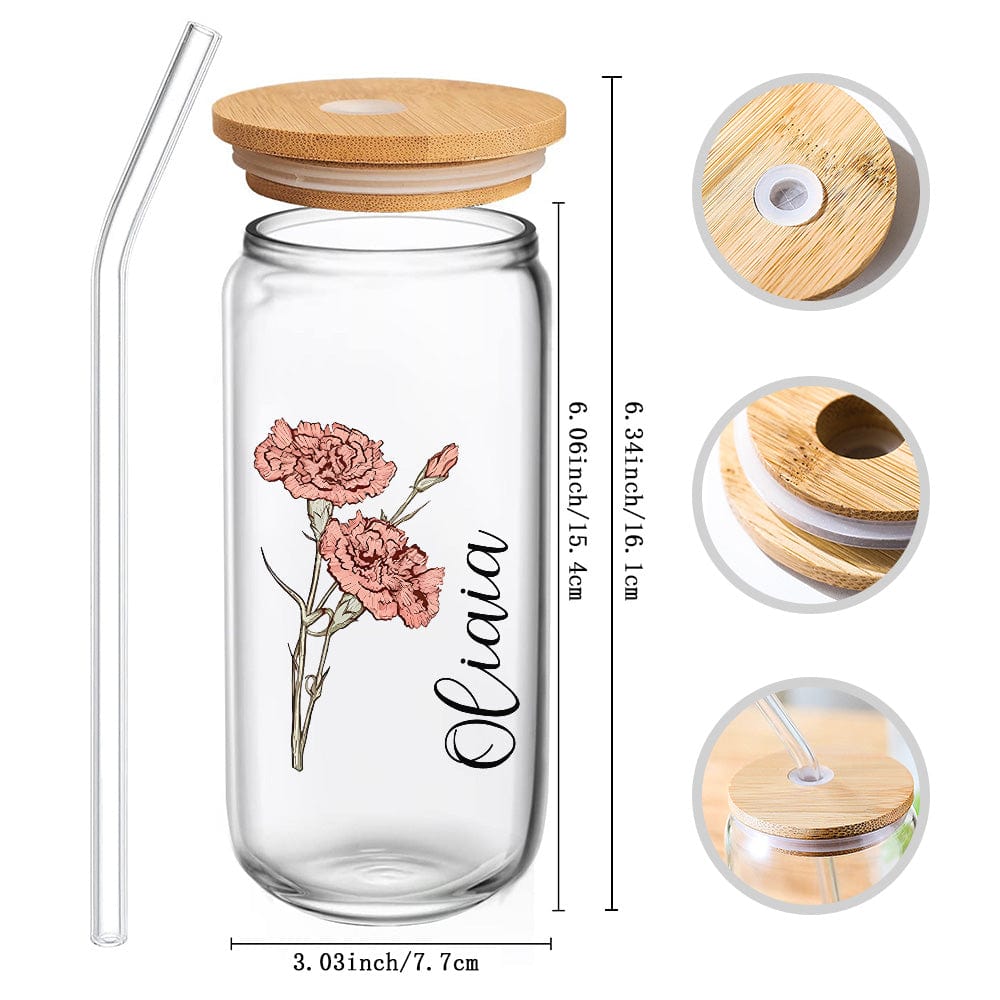 Personalized Name Can Glass with Colorful Birth Flower Custom Can Glass with Straw Gift for Mother Friends