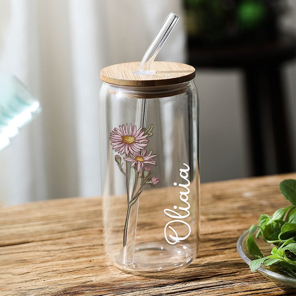 Personalized Name Can Glass with Colorful Birth Flower Custom Can Glass with Straw Gift for Mother Friends