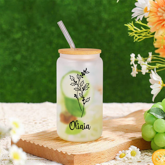 Personalized Name Frosted Can Glass with Birth Flower Custom Can Glass with Straw Gift for Mother Friends