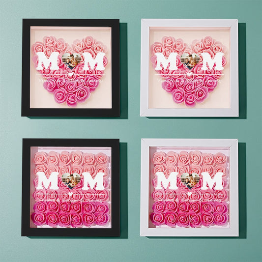 Custom Photo Flower Shadow Box Personalized Heart Gradient Pink Flower Shadowbox Frame Gift for Mom