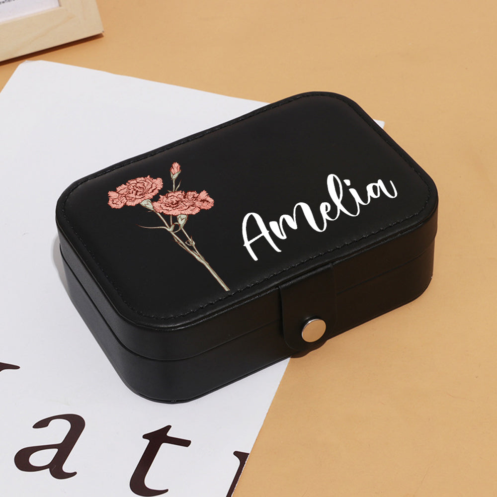 Personalized Birth Flower Leather Travel Jewelry Box with Name Waterproof Multiple Compartments Birthday