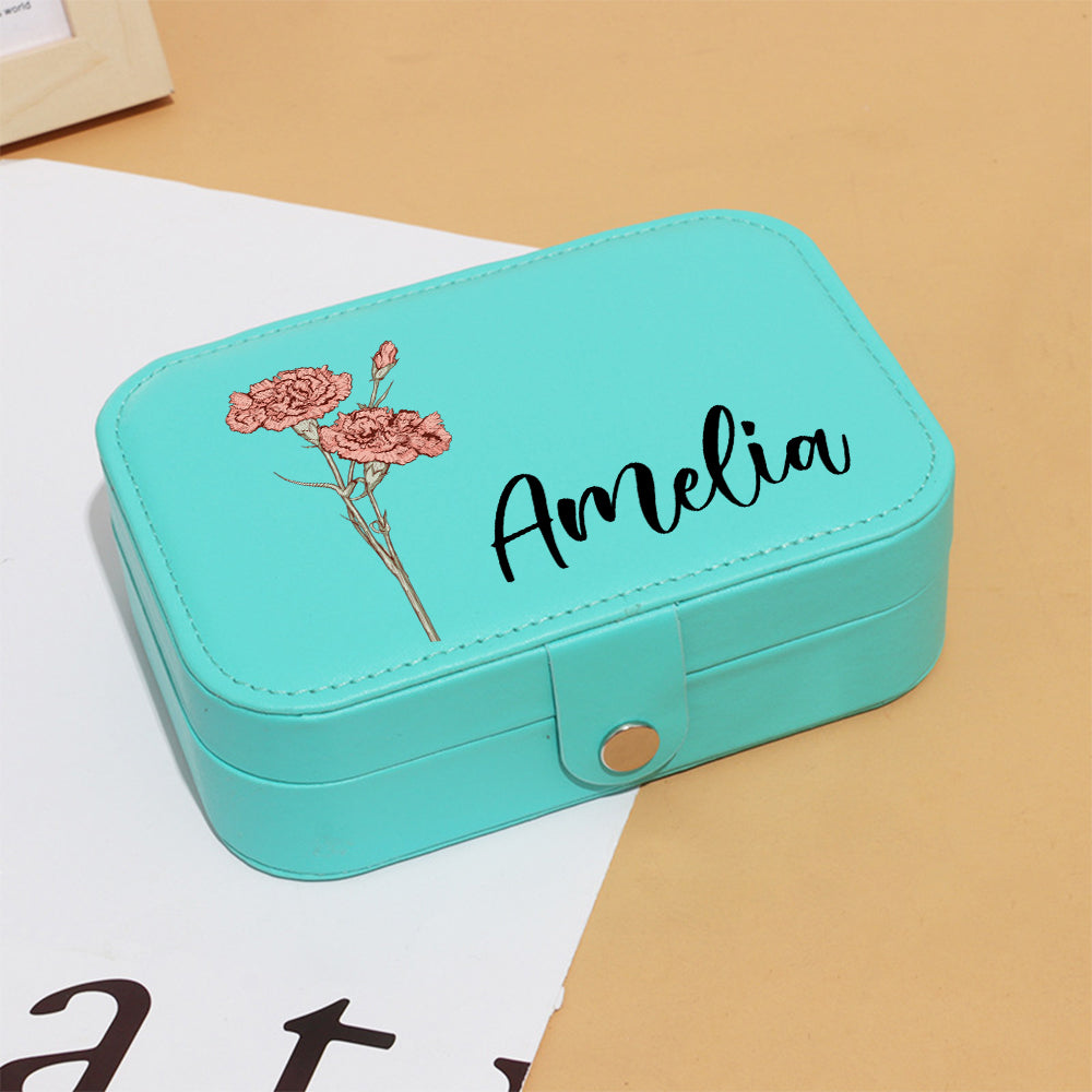 Personalized Birth Flower Leather Travel Jewelry Box with Name Waterproof Multiple Compartments Birthday