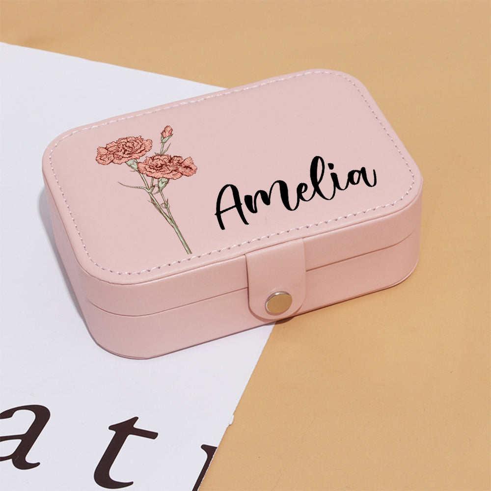 Personalized Birth Flower Leather Travel Jewelry Box with Name Waterproof Multiple Compartments Birthday