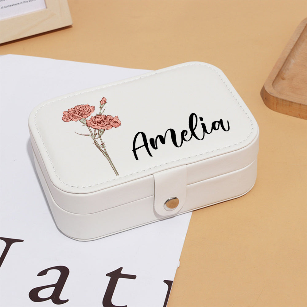 Personalized Birth Flower Leather Travel Jewelry Box with Name Waterproof Multiple Compartments Birthday