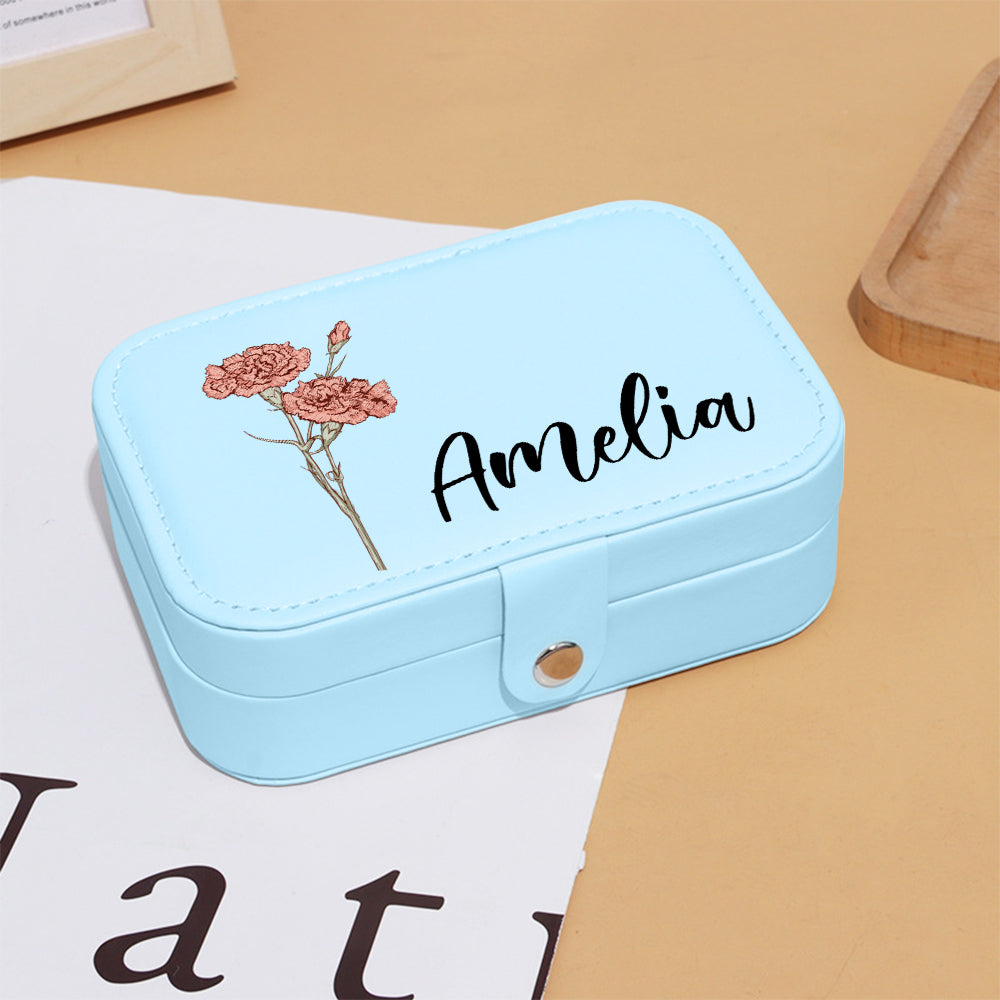 Personalized Birth Flower Leather Travel Jewelry Box with Name Waterproof Multiple Compartments Birthday