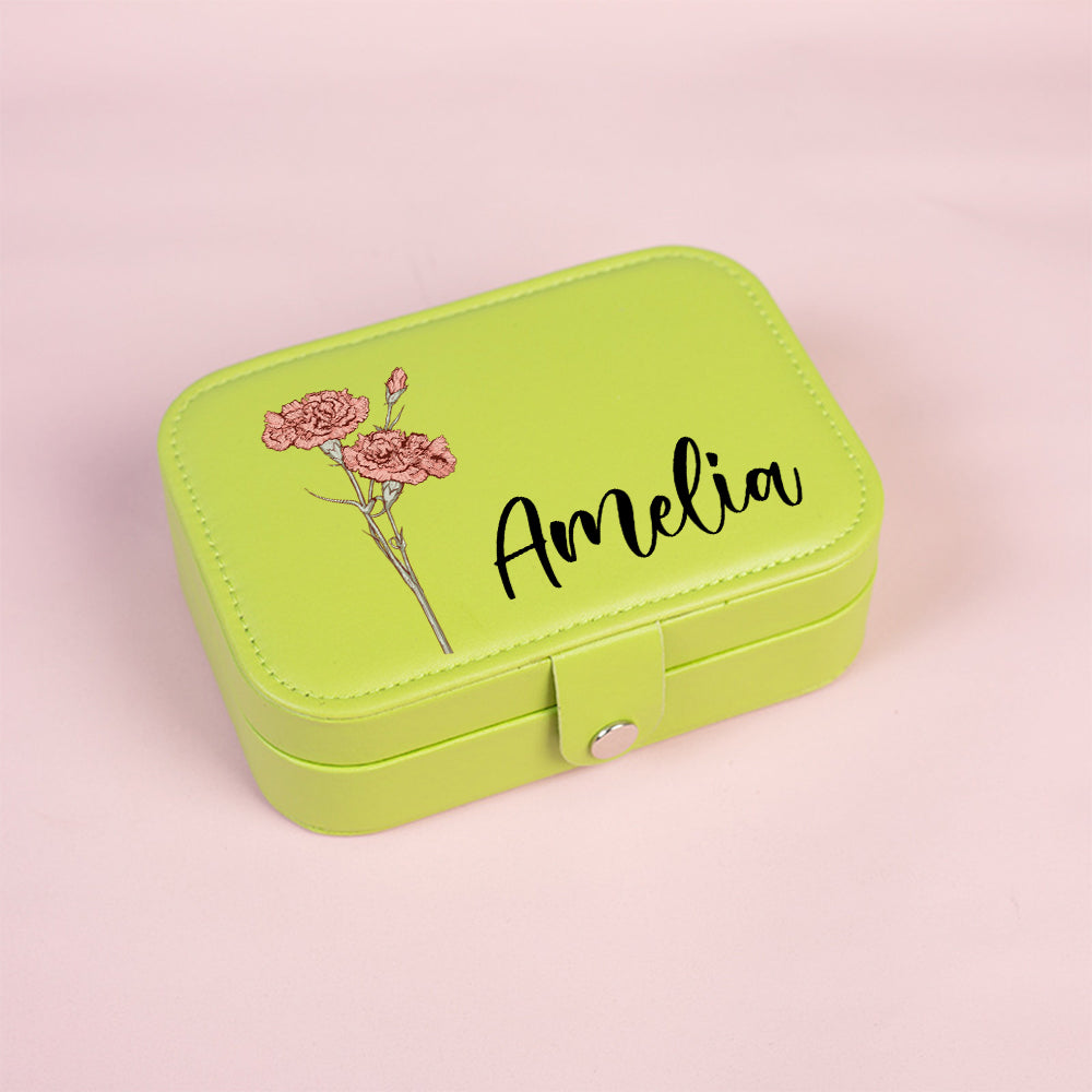 Personalized Birth Flower Leather Travel Jewelry Box with Name Waterproof Multiple Compartments Birthday
