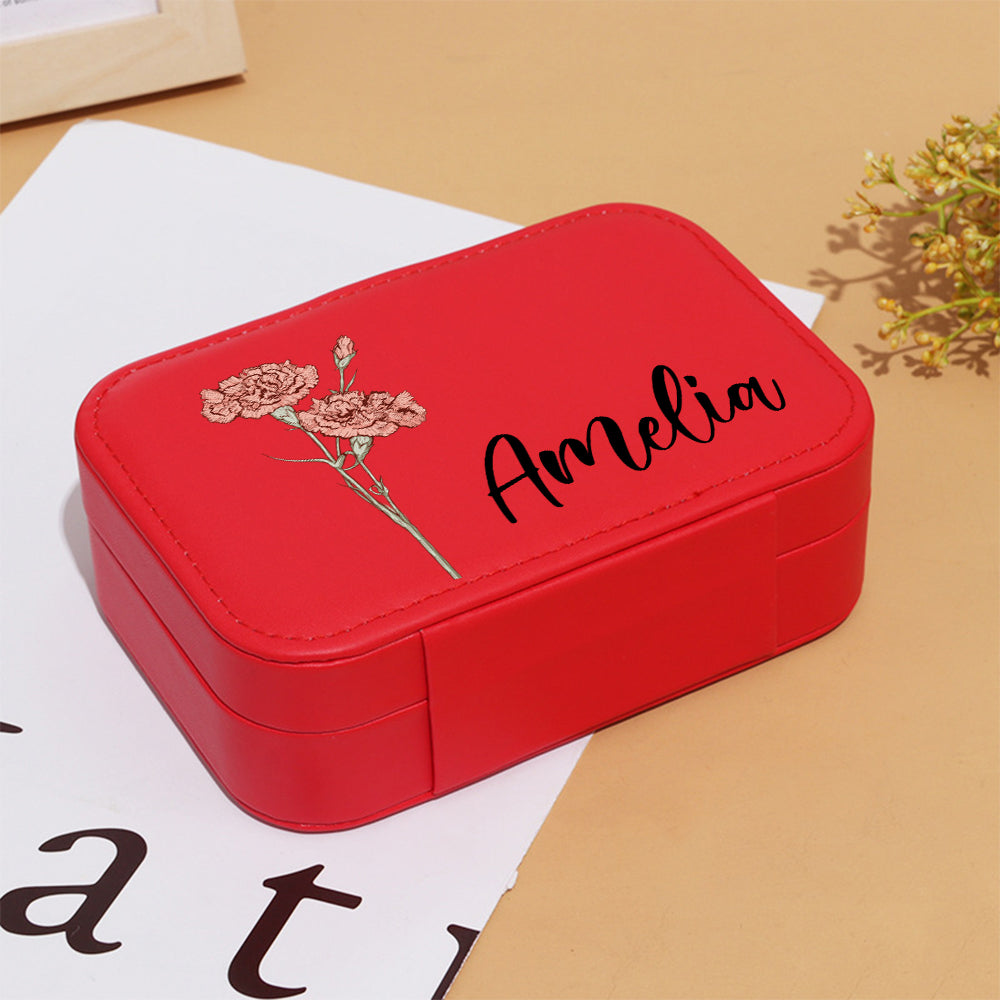 Personalized Birth Flower Leather Travel Jewelry Box with Name Waterproof Multiple Compartments Birthday